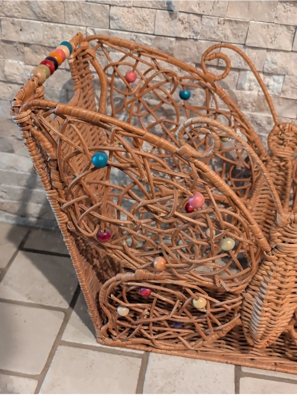 VTG Rare Wood Rattan Bamboo Butterfly Beaded Magazine Rack Holder MCM BOHO